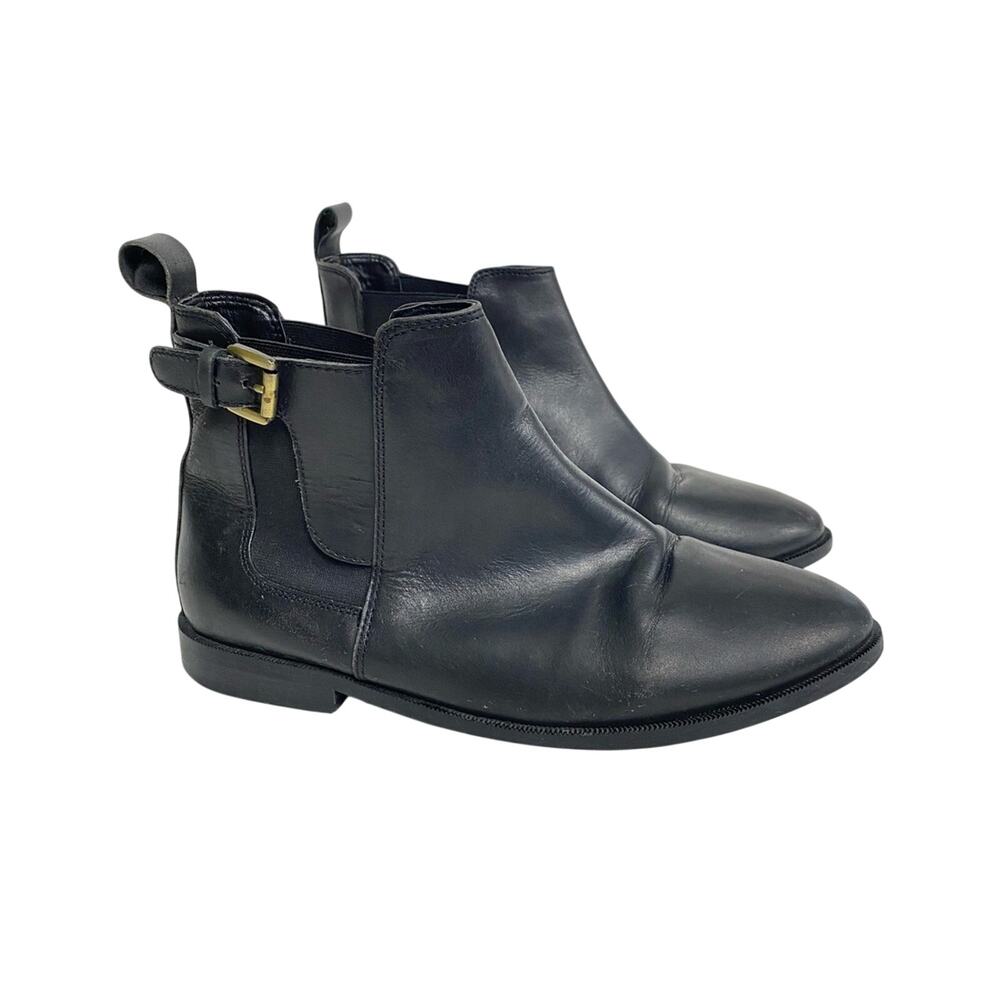 TopShop Black Flat Ankle Boots Chelsea Buckle Leather Size 6